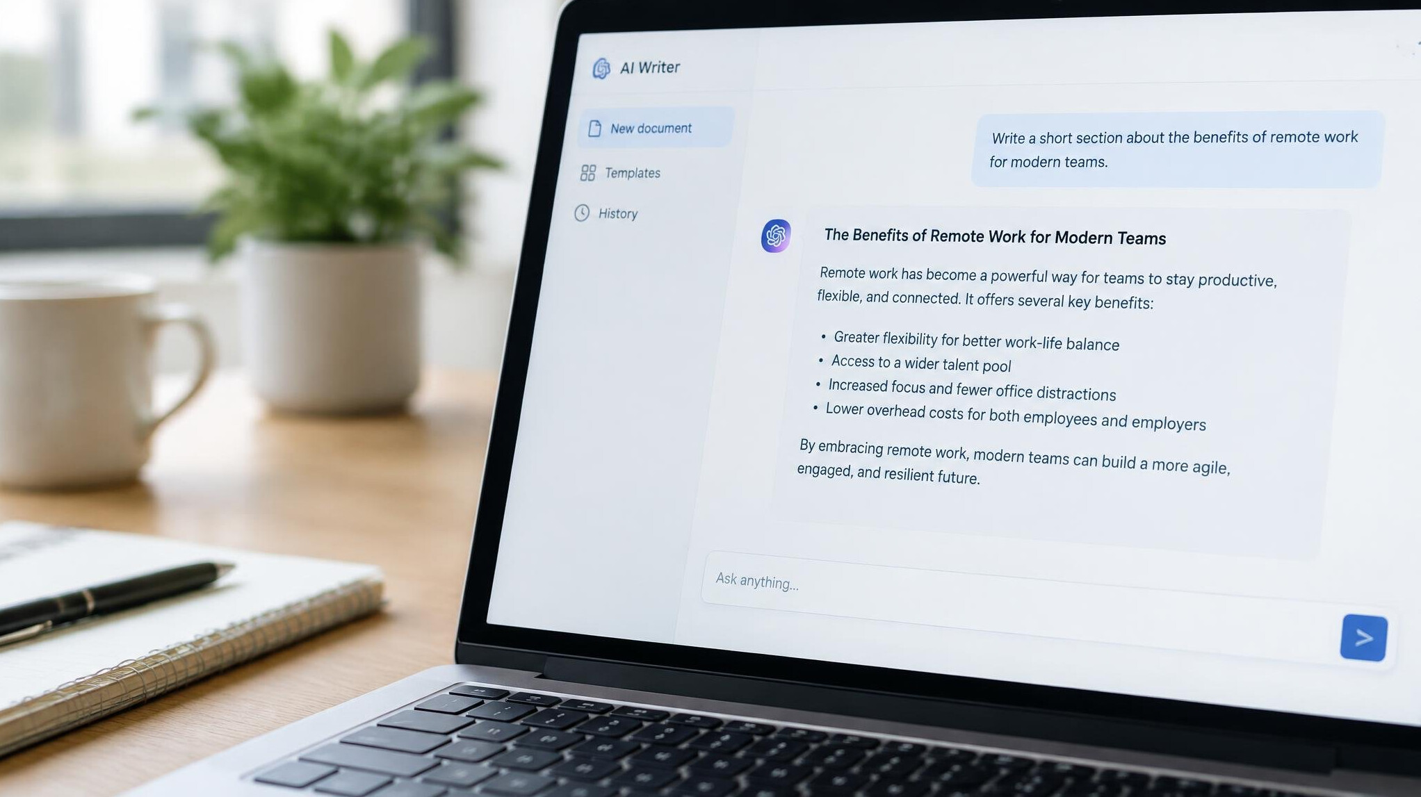 AI writing assistant interface on a screen