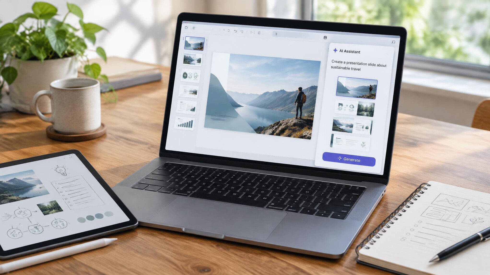 Laptop on a desk with a presentation being prepared
