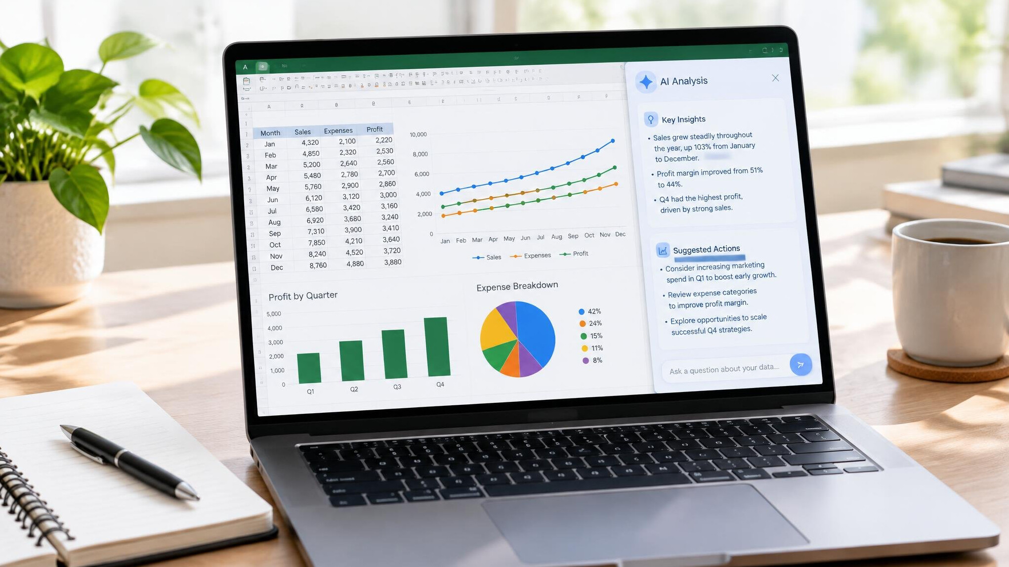 Spreadsheet data analysis with charts on a laptop