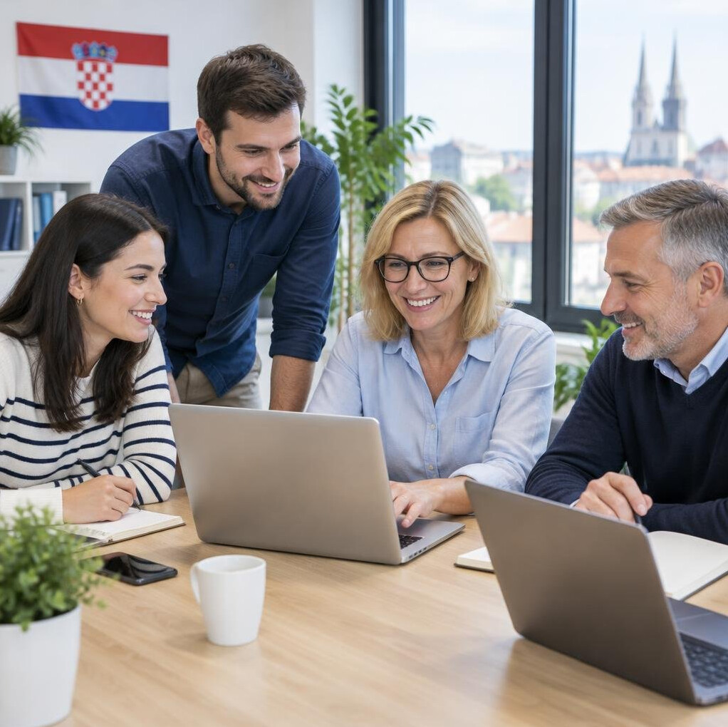 Team of colleagues working together around a table with laptops
