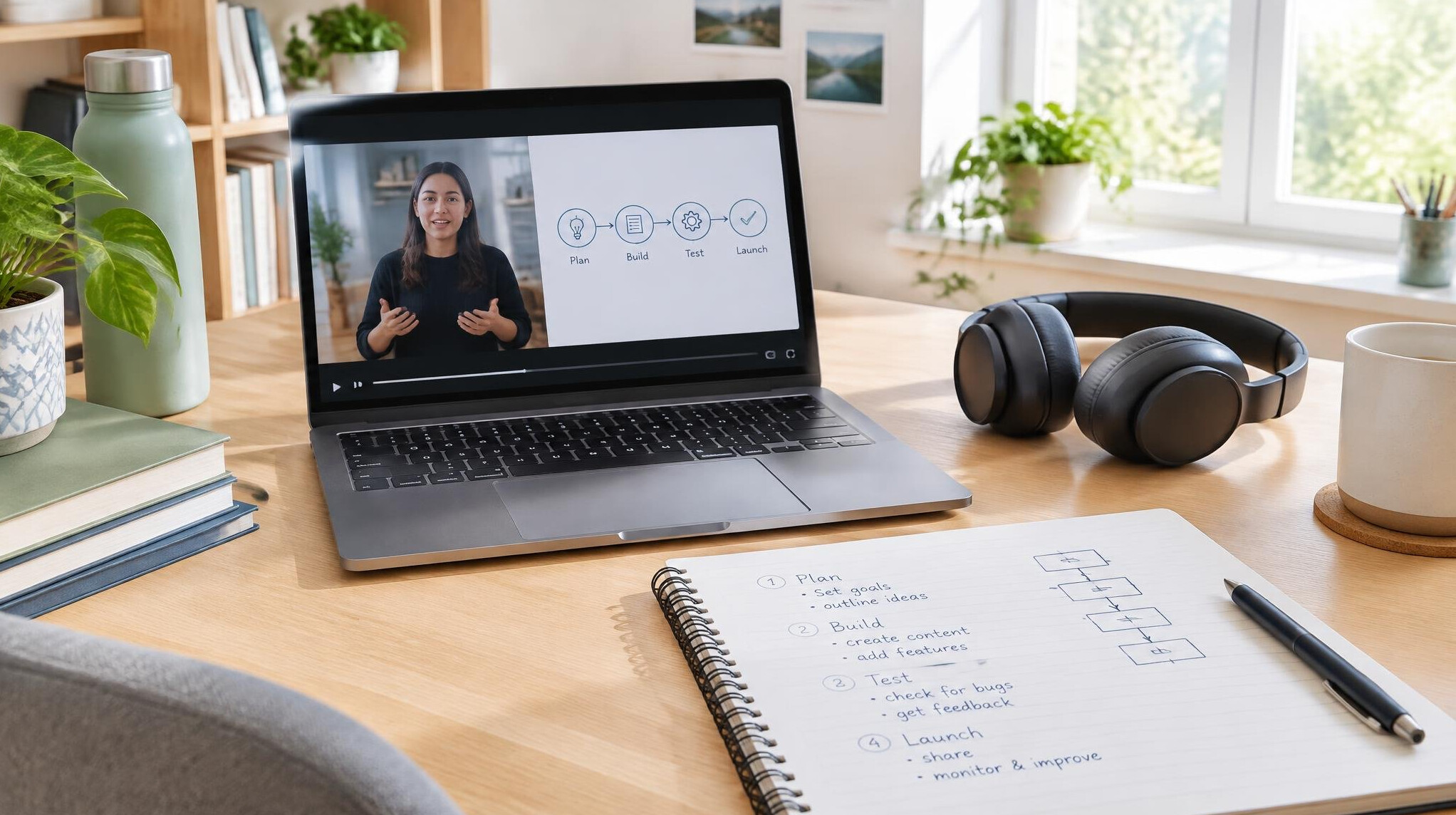 Online workshop with laptops and notes
