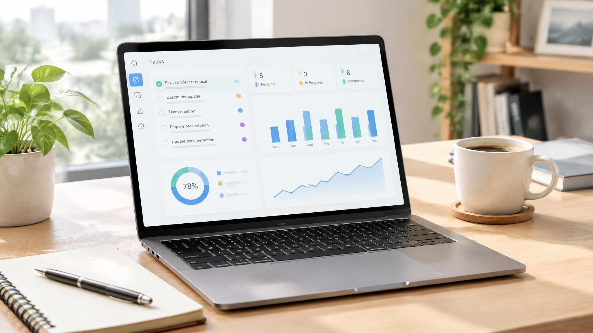 Laptop screen showing a task and analytics dashboard